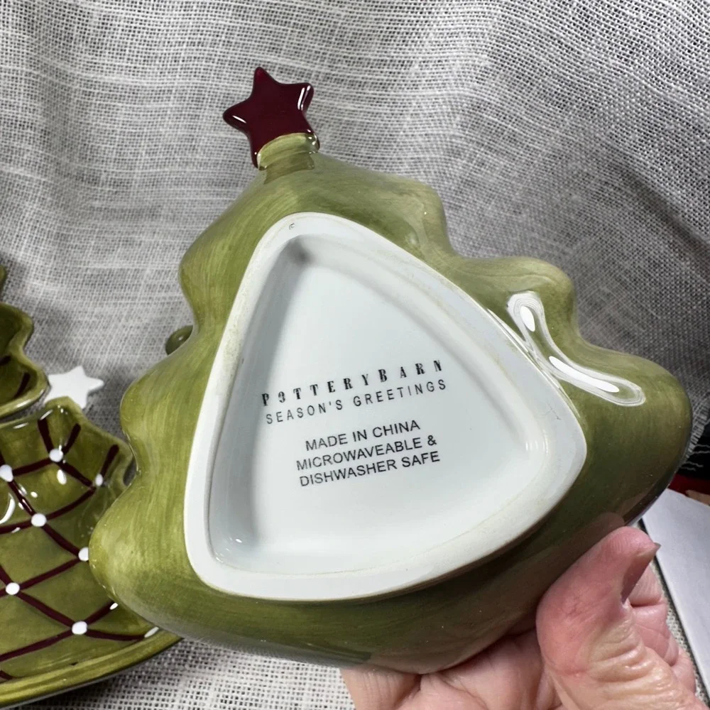 Pottery‎ Barn Seasons Greetings Christmas Tree Bon Bon Bowls Set of 4 Green